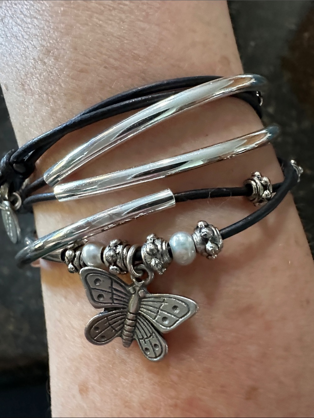 Lizzy James Black Leather Multi-Strand Bracelet with Silver Butterfly Charm